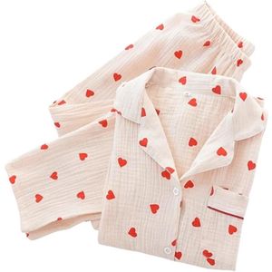 Pyjama Dames - Pyjamaset met Hartprint - Katoenen Pyjamaset - Schattig Shirt met Lange Mouwen en Button - Down Shirt met Hartprint en Lange Broek- Maat M