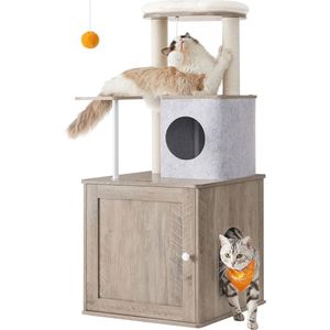 Krabpaal met kattenbakkast, 2-in-1 moderne kattenboom, 118 cm hoog, 2 krabzuilen, knuffelhol, wasbare kussens, Greige