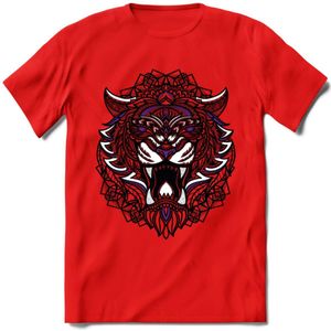 Tijger - Dieren Mandala T-Shirt | Paars | Grappig Verjaardag Zentangle Dierenkop Cadeau Shirt | Dames - Heren - Unisex | Wildlife Tshirt Kleding Kado | - Rood - S