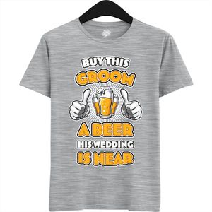 Buy This Groom A Beer | Vrijgezellenfeest Cadeau Man - Groom To Be Bachelor Party - Grappig Bruiloft En Bruidegom Bier shirt - T-Shirt - Unisex - Heather Grey - Maat M