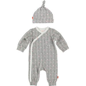 BESS - Kledingset - 2delig - Boxpak wit zigzag - mutsje grijs gestreept  - Maat 62