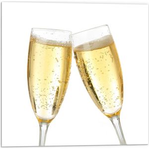 Forex - Proostende Champagne Glazen op Witte Achtergrond - 50x50cm Foto op Forex