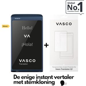 Vasco Translator Q1 Slate Blue AI vertaler + Vasco Screen Protector voor Translator Q1. Nieuw 2025 de enige instant translator met stemkloning telefoongesprekken en handsfree modus gratis Internet foto en telefoon Vertaler