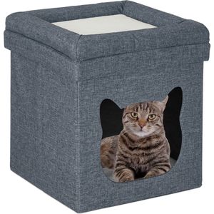 Relaxdays kattenmand poef - poezenmand - vierkante kattenpoef met deksel - kattenholletje