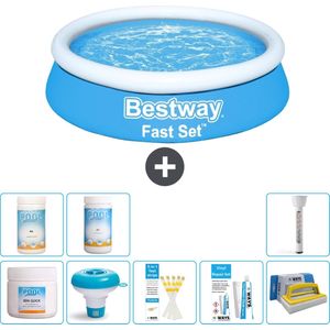 Bestway Rond Opblaasbaar Fast Set Zwembad - 183 x 51 cm - Blauw - Inclusief Chloor - Chloordrijver - Testrips - Reparatiesetje - Scrubborstel - PH-min - PH-plus - Thermometer