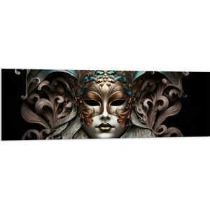 PVC Schuimplaat - Wit Venetiaanse carnavals Masker met Blauwe en Gouden Details tegen Zwarte Achtergrond - 150x50 cm Foto op PVC Schuimplaat (Met Ophangsysteem)