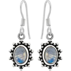 Zilveren oorbellen met hanger dames | Zilveren oorhangers, ovalen maansteen met rand van bolletjes en punten