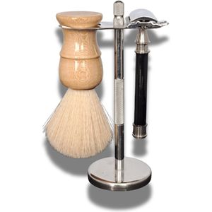 Old Barbers - Luxe 3 delige Scheerset - Houder/Scheerkwast/Classic Scheermes - Echt Hout - Imitatie Dassen Haar - Naturel Hout