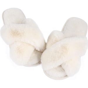 Warm Vrouwen pantoffels-Pluche Cross Strap, winter zacht antislip Vrouwen bont pantoffels, geschikt voor binnen en buiten-Wit Geschikt voor maat 42/43