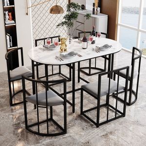 Sweiko Zes stoel eettafel set, Witte eettafel,Stoel met Rugleuning en Grijs interieur, Zwart ijzeren frame, Eettafel en stoel set, moderne eettafel combinatie