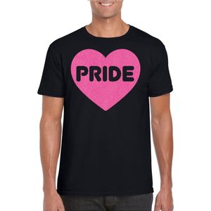 Bellatio Decorations Gay Pride T-shirt voor heren - pride - roze glitter hartje - zwart - LHBTI XXL