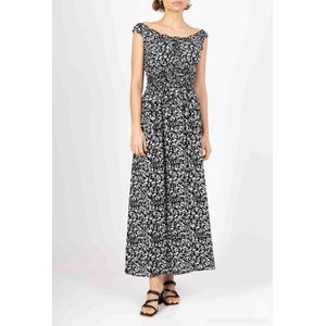 Lange dames jurk Fieke-gebloemd motief-zwart wit-Maat S/M-strandjurk
