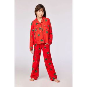 Woody – Kerstpyjama voor Meisjes & Dames – Rood met Kerstbomen – Stretchkatoen – Lange Mouwen & Lange Broek - 12 jaar