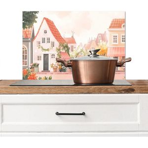 Spatscherm keuken 70x50 cm - Kookplaat achterwand Bloemen - Huizen - Dorp - Muurbeschermer - Spatwand fornuis - Hoogwaardig aluminium