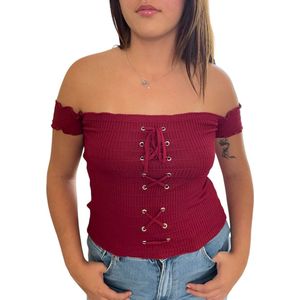 ASTRADAVI Casual Wear - Geribbelde Off-Shoulder Tops Dames - One Size (S/M) - Bordeaux