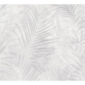 GRIJS/CREME PALMBLAD BOTANISCH BEHANG - AS Creation AS Neue Bude 2.0 editie 2