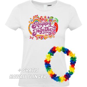 Dames T-shirt Happy Together Print | Love for all | Gay Pride | Regenboog LHBTI | Wit dames | maat XL