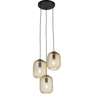 QAZQA bliss_mesh - Industriele Hanglamp eettafel - 3 lichts - Ø 450 mm - Zwart Goud - Industrieel - Woonkamer | Slaapkamer | Keuken