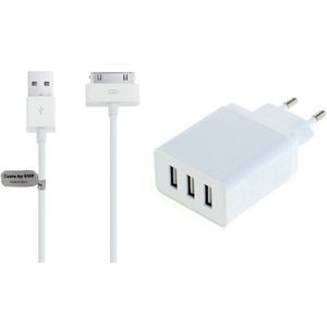 OneOne 3A lader met 3 poorten + 1,0m USB kabel. Universele oplader adapter past op Apple iPhone 3G, 3Gs, iPhone 4, 4s, iPad 1, iPad 2, iPad 3, iPod Classic, iPod Mini, iPod Nano 1, 2, 3, 4, 5, 6, iPod Touch 1, 2, 3, 4
