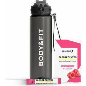 Body & Fit Electrolytes met Drinkfles - Elektrolyten Poeder met Waterfles - Elektrolyten Drink - Raspberry - 45 gram (10 sticks) en 1L Drinkfles met Rietje