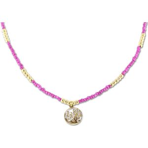 CO88 Collection 8CN-26290 Stalen Ketting met Kralen - Dames - Goudkleurig - 3 mm - Fuchsia - 2,5 mm - levensboom - 12 mm - Lengte 70 + 7 cm