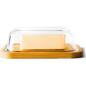 KIVY Botervloot, hoogwaardige botervloot van glas met elegant en duurzaam bamboedeksel, botervloot voor 250 g boter, botervloot, glas met bamboe deksel, boterschaal hout, botervloot, box