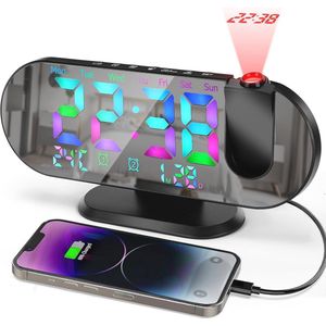 Projectiewekker met 180° Draaibare Projector en RGB Kleurenspiegelweergave - Digitale Alarmklok met Temperature- Weergave en USB Oplaadpoort
