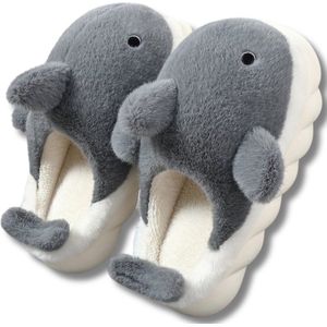 Livano Pantoffels - Sloffen - Slippers - Warme Pantoffels - Dames - Heren - Pluche - Maat 36 En 37 - Haai - Licht Grijs