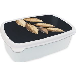 Broodtrommel Wit - Lunchbox - Brooddoos - Bladeren - Zwart - Goud - Luxe - Planten - 18x12x6 cm - Volwassenen