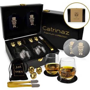 Catrinaz® - Luxe Whiskey set - Tequila set - Skull design - Incl. 2 tumblers 350ml - 4 goudkleurige RVS whiskey stenen - 2 onderleggers - Fluwelen opbergzak - ijstang - Luxe houten geschenkdoos - Uniek cadeau + E-BOOK - Vaderdag cadeau