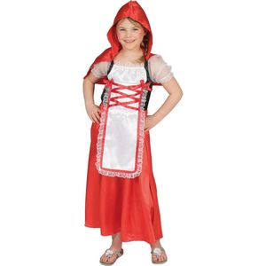 Funny Fashion - Roodkapje Kostuum - Boeren Roodkapje - Meisje - Rood - Maat 128 - Carnavalskleding - Verkleedkleding