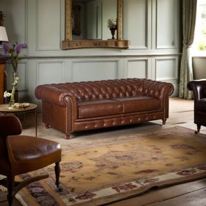 Chesterfield Belmont Leren Bank antiek 2-zits – 224 x 99 x 72 cm – Tijdloos Design met Industrieel Karakter - Industrialhome - chesterfield bank - Nieuw bruin ruiten echt leer
