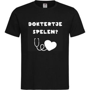 T-shirt Unisex Volwassenen Lol - carnaval - kermis - feestje - grappig Tekst ""Doktertje spelen?"" Op Voorkant | korte mouw | Zwart/wit | maat XXL