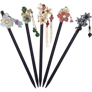 Vintage haarstokjes - Houten haarspelden met bloemen en kwasten voor dames