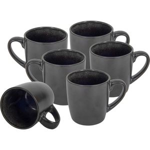 Koffiemokken, set van 6 stuks, 350 ml, zwart metallic/binnenkant glanzend, koffiebeker met handvat, theebeker, koffiebeker van porselein, vaatwasmachinebestendig