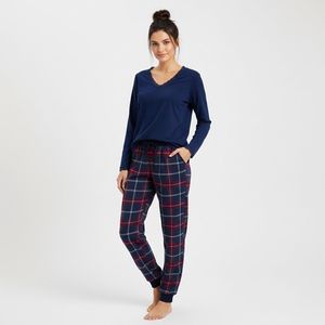 La-V pyjamaset voor dames met geruite flanel broek en V hals met kant contrast Donkerblauw/Rood XXL