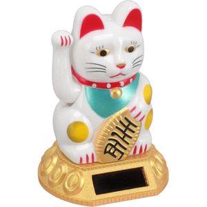 Zonne-energie Lucky Cat Shape Sculpturen Rijkdom Gastvrije Katten Zwaaiende Arm - Wit
