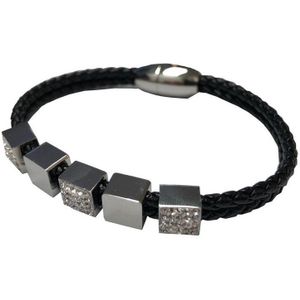 Silventi 980101953 Lederen armband met metalen elementen - zirkonia - zwart - zilverkleurig