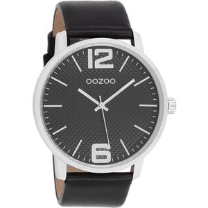OOZOO Timepieces - Zilverkleurige horloge met zwarte leren band - C8504
