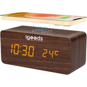 Igoods Digitale Wekker - Houten Design - Weerstation - Met Ingebouwde Oplader