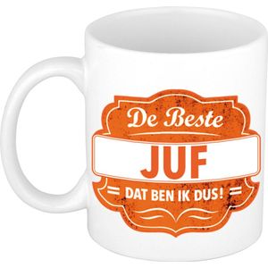 De beste juf dat ben ik dus cadeau koffiemok / theebeker oranje embleem 300 ml - verjaardag / bedankje - cadeau juf / lerares / onderwijzeres