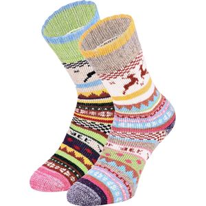 2 Paar Gebreide Wollen Sokken met Kleurrijk Patroon - Huissokken / Mix-5 / 39-42