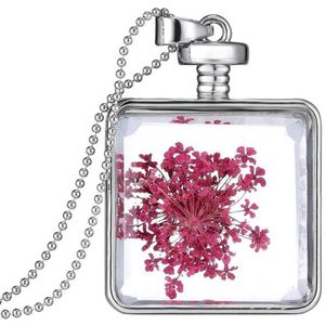 Fako Bijoux® - Ketting - Gedroogde Bloem - Vierkant - Zilverkleurig - Paars