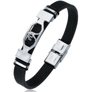 Weegschaal / Libra - Leren Armband met Stalen Sterrenbeeld - Astrologie - Zwart - Armbanden Heren Dames - Cadeau voor Man - Mannen Cadeautjes Accesoires