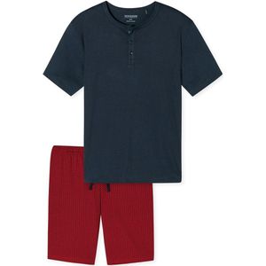 SCHIESSER Fashion Nightwear shortamaset - heren shortama biologisch katoen knoopsluiting visgraatpatroon donkerblauw - Maat: L