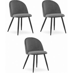 Set van 3 Stoelen BELLO - Donkergrijs Velvet, Zwarte Metalen Poten, Modern Design en Uitstekend Zitcomfort voor Woonkamer, Slaapkamer, Eetkamer of Kantoor, Max. 120 kg