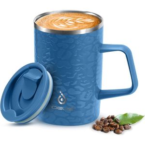 Koffiemok, 16 oz, dubbelwandige vacuümgeïsoleerde roestvrijstalen koffie- en theemok met antisliphandvat en verschuifbaar moduledeksel en groot volume (luipaardblauw)