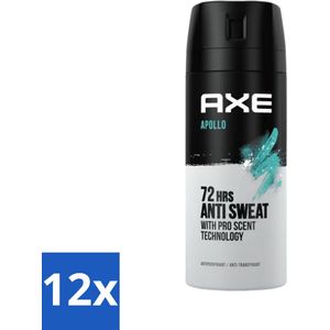 12 x Axe Anti-Transpirant Spray Apollo 150 ml - Anti-transpirant - Deodorant - Axe Apollo - 72 Uur Bescherming - Groen Fruit