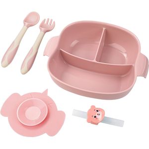 4-delig Plastic Servies Set Roze - Plastic Servies Set - Babyservies - Kinderservies - Baby Bord Zuignap - Onbreekbaar