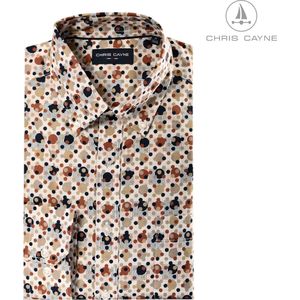 Chris Cayne heren overhemd - shirt heren lange mouw - maat M - kleur offwhite, zand, camel en donkerbruin - lange mouw - dessin - button down kraag - overhemd met borstzak - herenkleding - herenmode